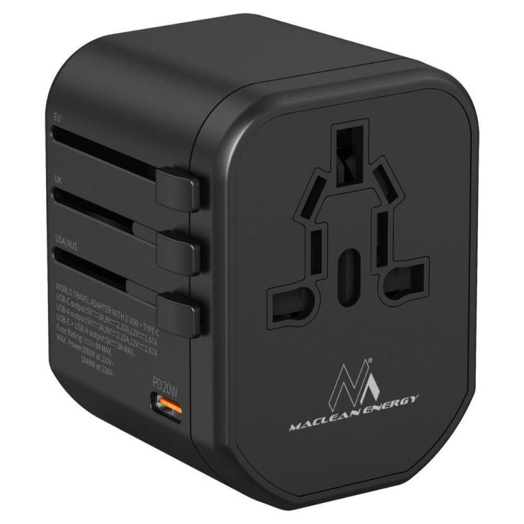 Adapter podróżny Maclean MCE238N zasilacz USB, 2xUSB 2,4A + USB-C PD 20W, Bezpiecznik 8A, Quick and Fast Charge, 200 krajów