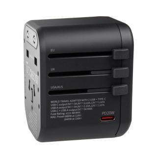 Adapter podróżny Maclean MCE238N zasilacz USB, 2xUSB 2,4A + USB-C PD 20W, Bezpiecznik 8A, Quick and Fast Charge, 200 krajów