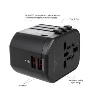 Adapter podróżny Maclean MCE238N zasilacz USB, 2xUSB 2,4A + USB-C PD 20W, Bezpiecznik 8A, Quick and Fast Charge, 200 krajów