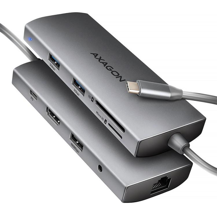 HMC-8HLSA Wieloportowy hub USB-C 3.2 Gen 1 hub, 3x USB-A + 4K/30Hz HDMI + SD/microSD, GLAN, Audio, PD 100W, 20cm USB-C kabel