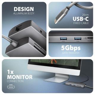 HMC-8HLSA Wieloportowy hub USB-C 3.2 Gen 1 hub, 3x USB-A + 4K/30Hz HDMI + SD/microSD, GLAN, Audio, PD 100W, 20cm USB-C kabel