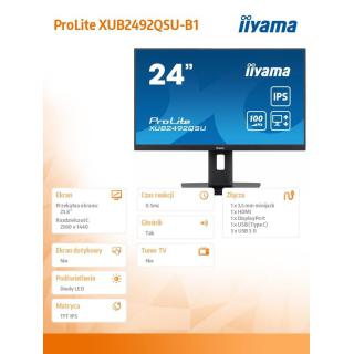 Monitor 23.8 cala ProLite XUB2492QSU-B1 IPS,QHD,USB-C,100Hz,3xUSB(3.2),HDMI,DP 300cd/m2,FreeSync,2x2W,HAS(150mm),PIVOT