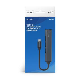 SAVIO HUB USB-C - 3 X USB-A 2.0, 1 X USB-A 3.0, SZARY, AK-71