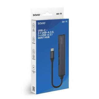 SAVIO HUB USB-C - 3 X USB-A 2.0, 1 X USB-A 3.0, SZARY, AK-71