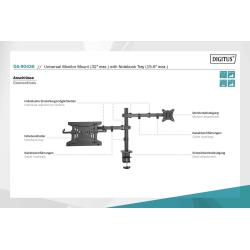 Uchwyt biurkowy DIGITUS podwójne ramię na 1xLCD 32" 4kg, 1xNotebook 15,4" 9kg