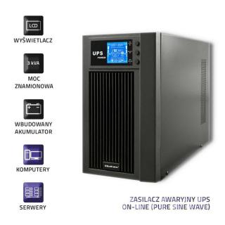 Qoltec Zasilacz awaryjny UPS On-line | Pure Sine Wave | 3kVA | 2.4kW | LCD | USB