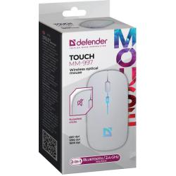 Mysz bezprzewodowa Defender TOUCH MM-997 optyczna 1600dpi 2.4 GHz + Bluetooth biała RGB AKUMULATOR bezklikowa silent