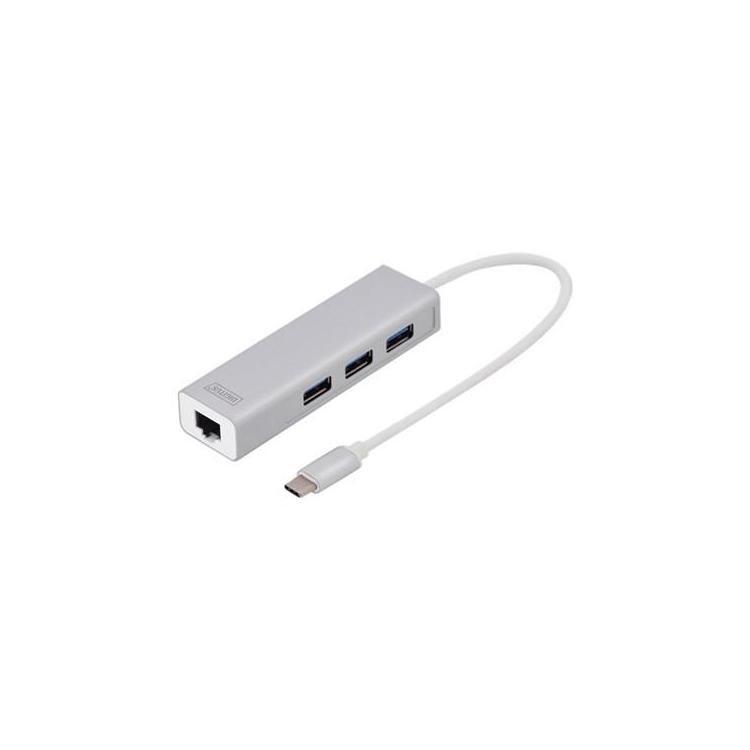 HUB 3-portowy USB Typ C 3.0 HighSpeed z LANGigabit LAN adapter, aluminium