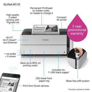 Epson EcoTank M1170 Mono Inkjet Inkjet Printer Wi-Fi Maximum ISO A-series paper size A4 White