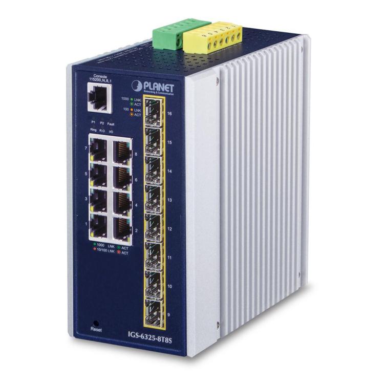 PLANET IP30 Industrial L3 8-Port switch zarządzalny Gigabit Ethernet (10/100/1000) Niebieski, Biały