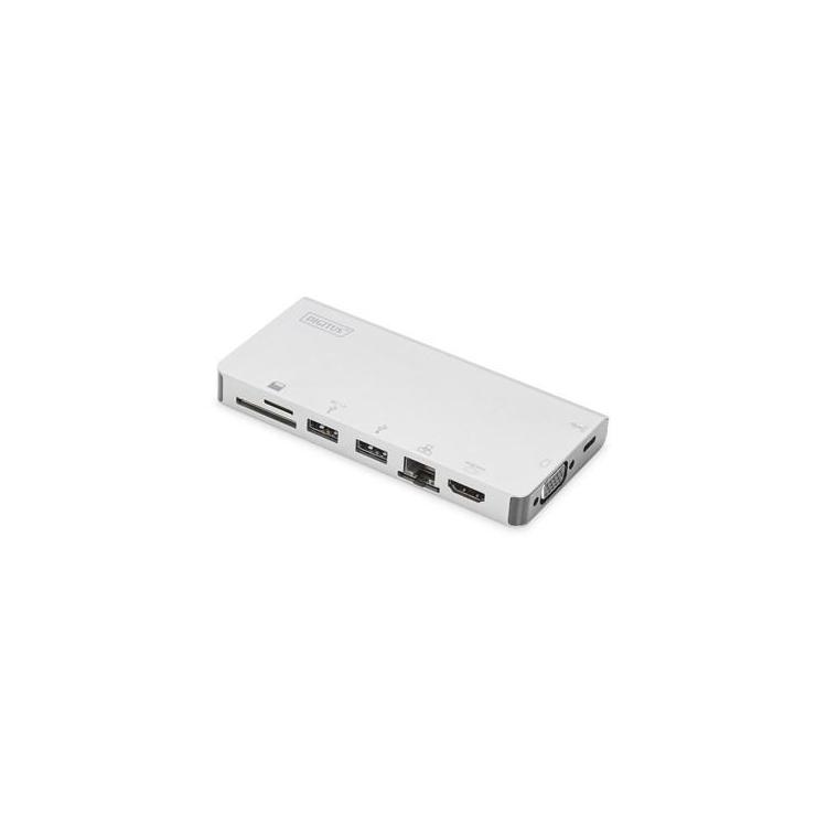 Stacja dokująca podróżna USB Typ C, 8 portów4K, HDMI, VGA, USB, RJ45, microSD, SD/MMC, srebrna