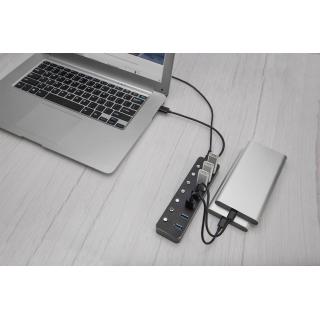 Hub USB 3.0/Koncentrator 7-portowy USB A + adapterUSB-C 5Gbps z wyłącznikami aluminiowy aktywny