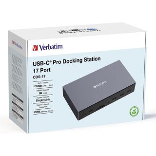 Stacja dokująca Verbatim USB-C Pro CDS-17 3xHDMI 2xDP RJ-45 5xUSB 2xUSB-C SD microSD DC audio