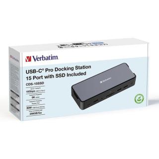 Stacja dokująca Verbatim USB-C Pro CDS-15SSD 2xHDMI DP RJ-45 4xUSB 3xUSB-C SD microSD SSD audio