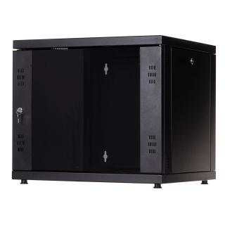 Szafa wisząca 9U, STRONG RACK, 600x450, czarna, drzwi szklane, jednoskrzydłowe, tył osłona pełna, osłony boczne zamykane na