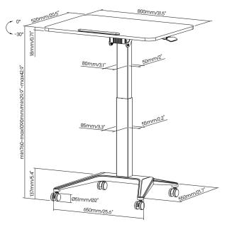 Biurko stolik mobilny na laptop Maclean czarne pneumatyczna regulacja wysokości 80x52cm 8kg max 109cm wys. MC-453B