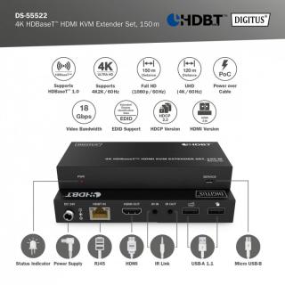 Przedłużacz/Extender HDMI 4K 60Hz 150m po skrętce Cat.6A/7/8 HDBaseT HDCP2.2 IR EDID PoC, zestaw