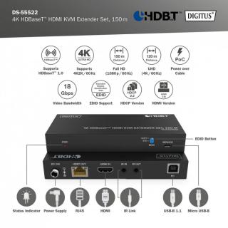 Przedłużacz/Extender HDMI 4K 60Hz 150m po skrętce Cat.6A/7/8 HDBaseT HDCP2.2 IR EDID PoC, zestaw