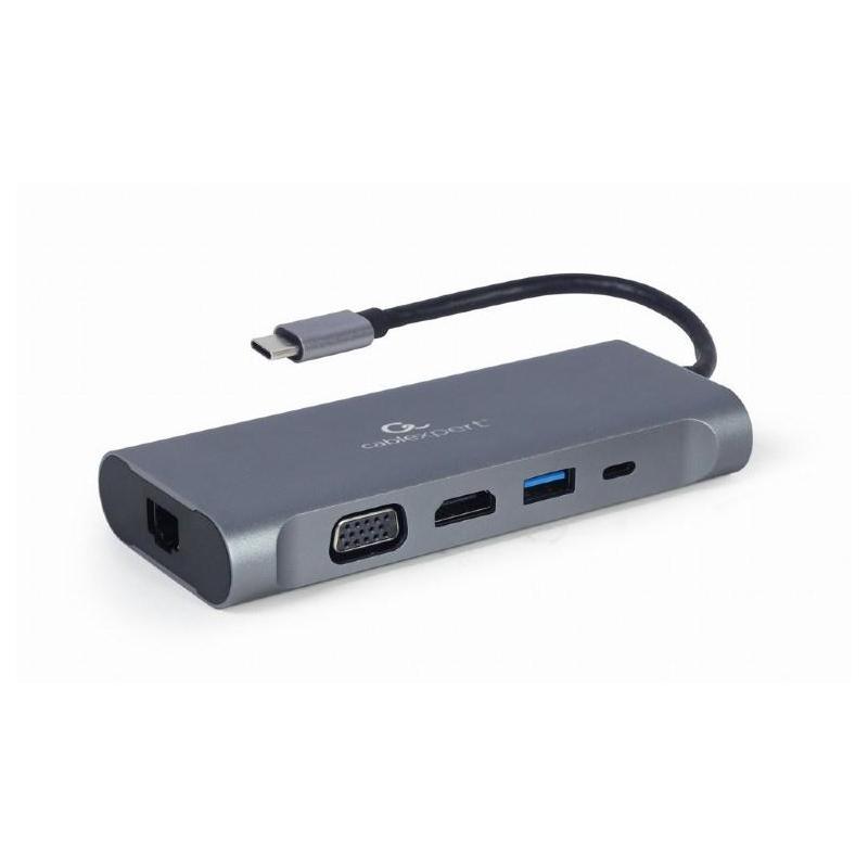 GEMBIRD MULTI ADAPTER USB TYPE-C 7 W 1 (HUB3.0 + HDMI + VGA + PD + CZYTNIK KART + DŹWIĘK STEREO), SZARY