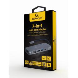 GEMBIRD MULTI ADAPTER USB TYPE-C 7 W 1 (HUB3.0 + HDMI + VGA + PD + CZYTNIK KART + DŹWIĘK STEREO), SZARY