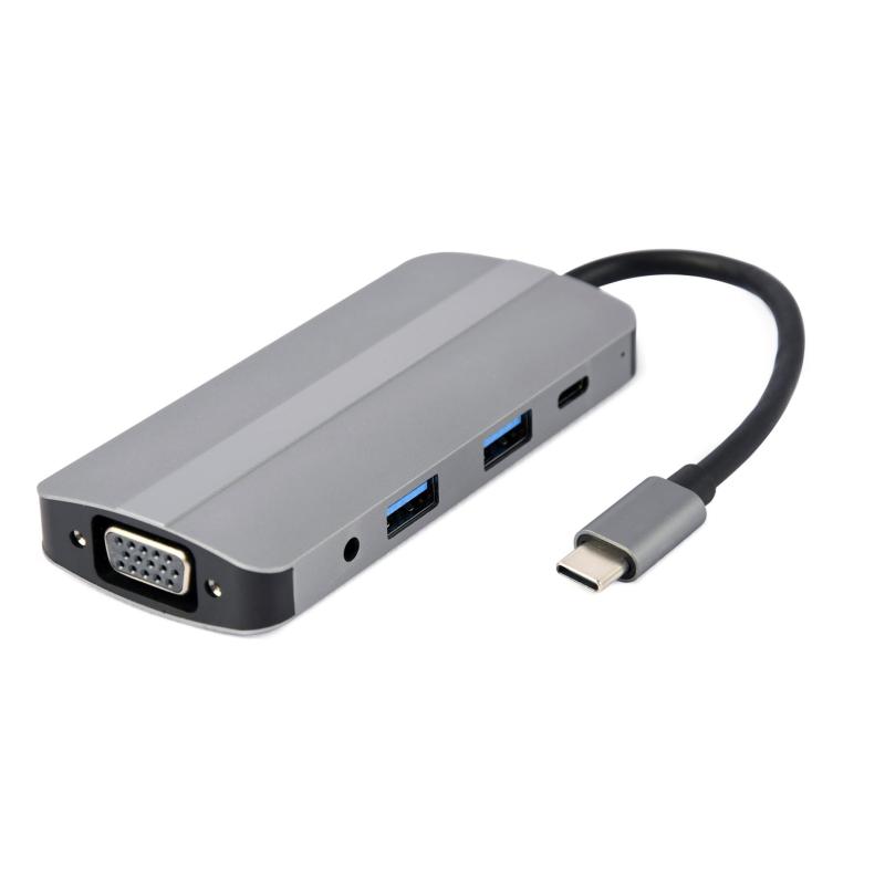 GEMBIRD MULTI ADAPTER USB TYP-C 8W1 (HUB3.1 + HDMI + VGA + PD + CZYTNIK KART + DŹWIĘK STEREO), SZARY