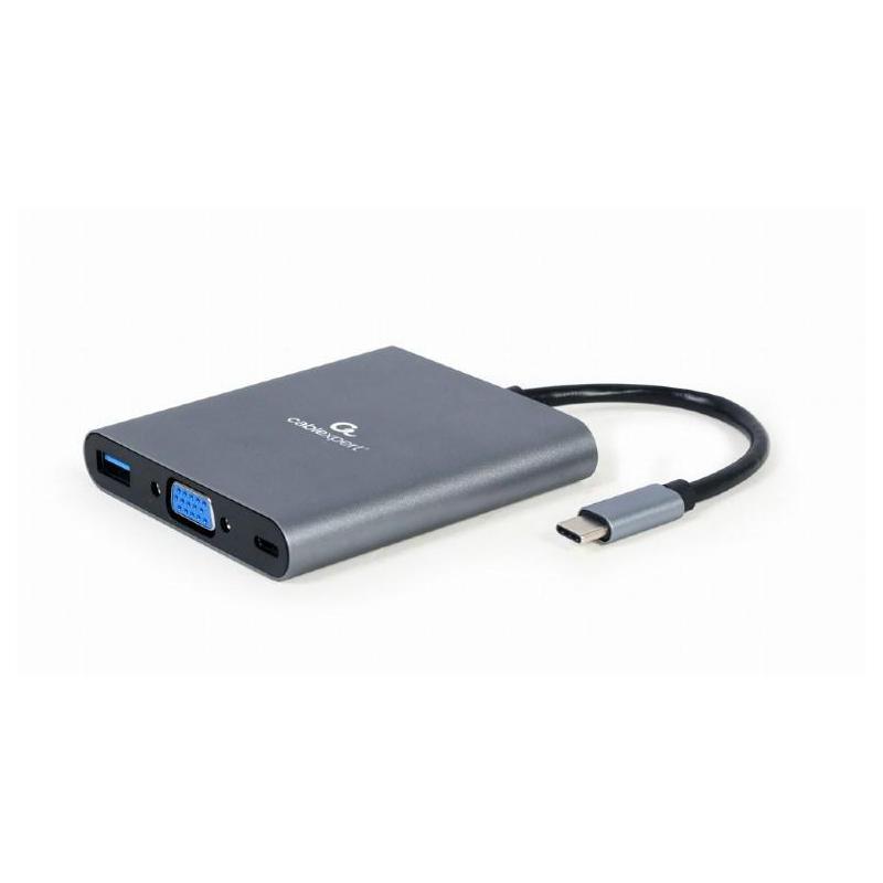 GEMBIRD MULTI ADAPTER USB TYP-C 6 W 1 (HUB3.1 + HDMI + VGA + PD + CZYTNIK KART + DŹWIĘK STEREO), SZARY