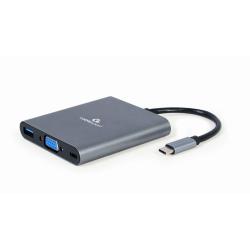 GEMBIRD MULTI ADAPTER USB TYP-C 6 W 1 (HUB3.1 + HDMI + VGA + PD + CZYTNIK KART + DŹWIĘK STEREO), SZARY