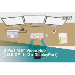 Hub/Koncentrator DIGITUS 3-portowy USB Typ C/3x DisplayPort 4K/60Hz HDR HDCP 2.2 MST