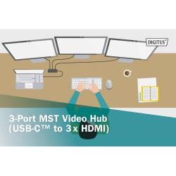 Hub/Koncentrator DIGITUS 3-portowy USB Typ C/3x HDMI 4K/60Hz HDR HDCP 2.2 MST