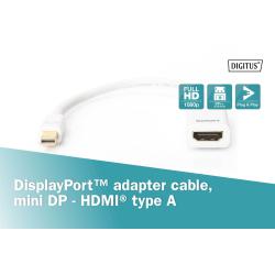 Kabel adapter DIGITUS mini Displayport 1080p 60Hz DP++ / HDMI M/Ż biały 0,15m