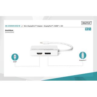 Kabel adapter Displayport 1080p 60Hz FHD Typ miniDP/DP+HDMI+DVI-D M/Ż 0,15m Biały