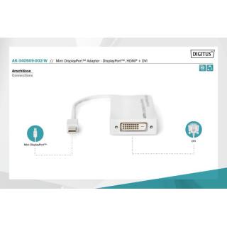 Kabel adapter Displayport 1080p 60Hz FHD Typ miniDP/DP+HDMI+DVI-D M/Ż 0,15m Biały