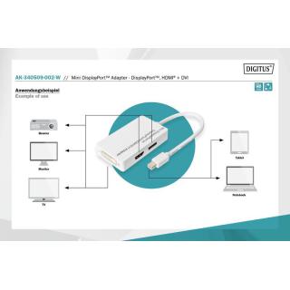 Kabel adapter Displayport 1080p 60Hz FHD Typ miniDP/DP+HDMI+DVI-D M/Ż 0,15m Biały