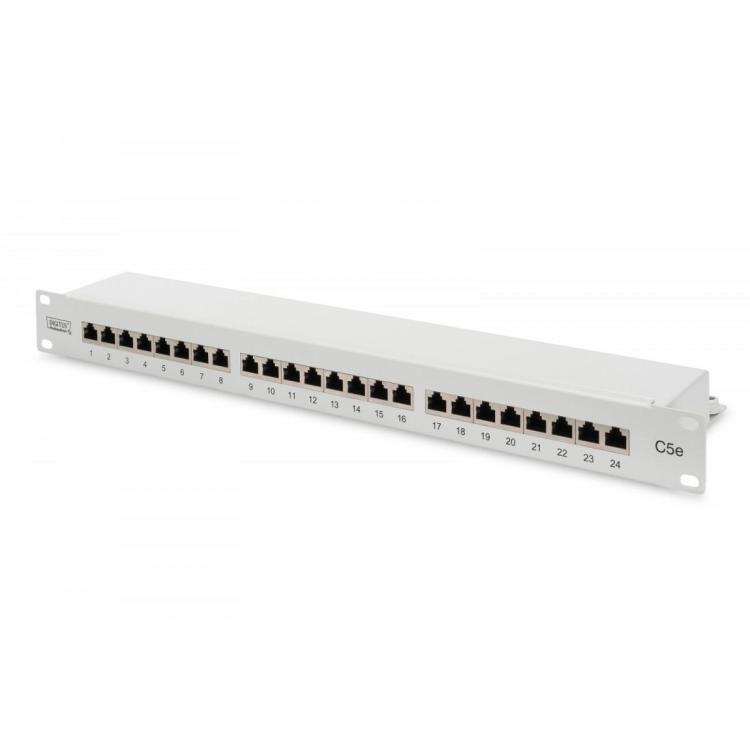 Patch panel 19" 24 porty, kat.5e, S/FTP, 1U, wspornik kablowy, szary (kompletny)