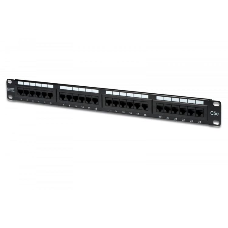 Patch panel 19" 24 porty, kat.5e, U/UTP, 1U, wspornik kablowy, czarny (kompletny)