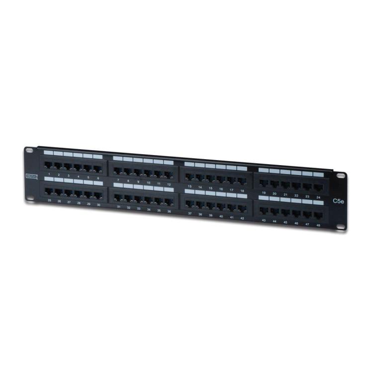 Patch panel 19" 48 portów, kat.5e, U/UTP, 2U, czarny (kompletny)