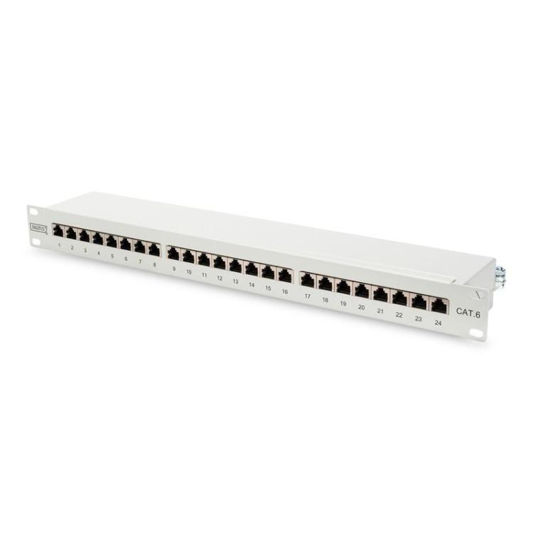 Patch panel 19" 24 porty, kat.6, S/FTP, 1U, wspornik kablowy, szary (kompletny)