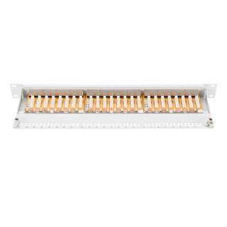 Patch panel 19" 24 porty, kat.6, S/FTP, 1U, wspornik kablowy, szary (kompletny)