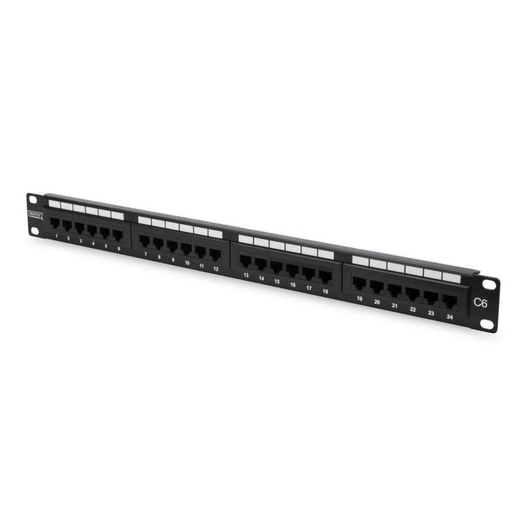 Patch panel 19" 24 porty, kat.6, U/UTP, 1U, wspornik kablowy, czarny (kompletny)