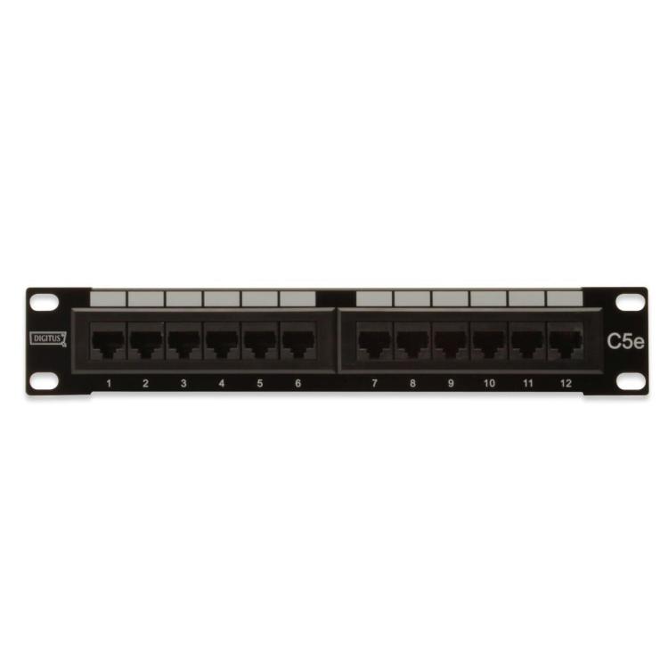 Patch panel 10" 12 portów, kat.5e, U/UTP, 1U, (kompletny) Czarny