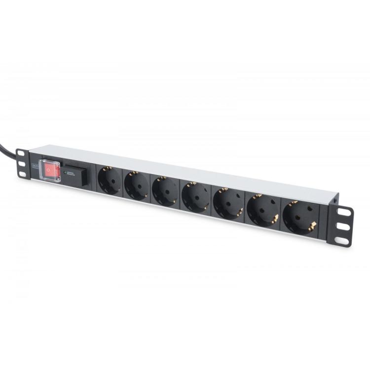 Listwa zasilająca PDU 19" RACK 7xSchuko, 2m 1xSchuko, 16A, wł./wył., zab.przepięciowe, aluminiowa