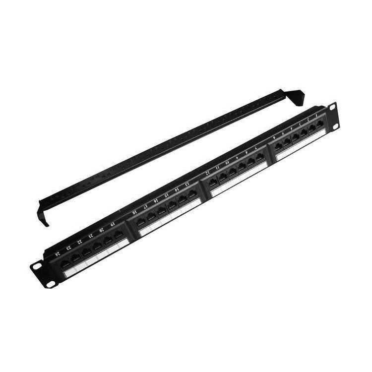 Patch Panel 24 Porty 1U 19'' Kat.5e z funkcją organizacji kabli czarny