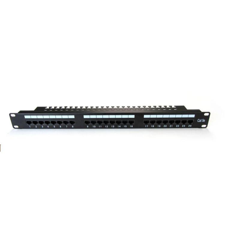 Patch panel 19" 24 porty, kat.5e, U/UTP, 1U, wspornik kablowy, czarny (kompletny)