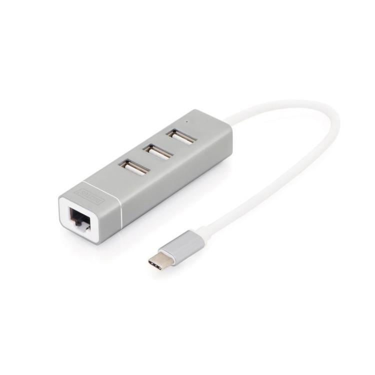 HUB/Koncentrator 3-portowy USB 2.0 HighSpeed z Typ C oraz Fast Ethernet LAN adapter, aluminium