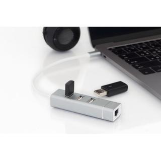 HUB/Koncentrator 3-portowy USB 2.0 HighSpeed z Typ C oraz Fast Ethernet LAN adapter, aluminium