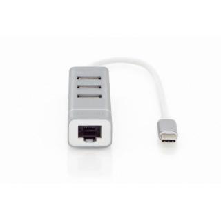 HUB/Koncentrator 3-portowy USB 2.0 HighSpeed z Typ C oraz Fast Ethernet LAN adapter, aluminium