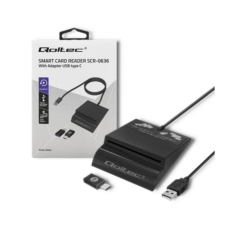 Czytnik kart chipowych ID Qoltec SCR-0636 | USB 2.0 + adapter USB-C