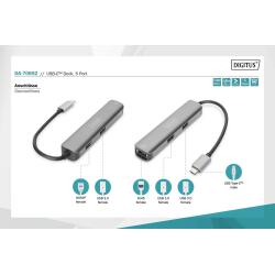 Stacja dokująca DIGITUS USB Typ C 5 portów 4K 30Hz HDMI 3x USB3.0 RJ45 srebrna