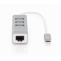 Hub/Koncentrator 3-portowy DIGITUS USB 2.0 HighSpeed Typ C z Fast Ethernet LAN adapter